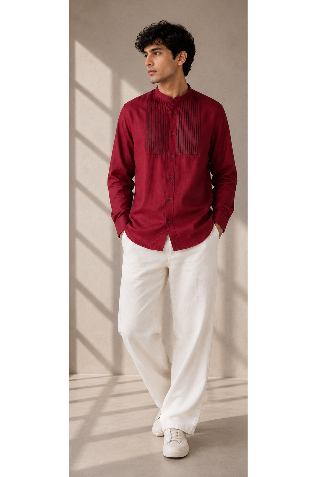 Signature Pintuck Linen Yoke Shirt (Deep Burgundy)