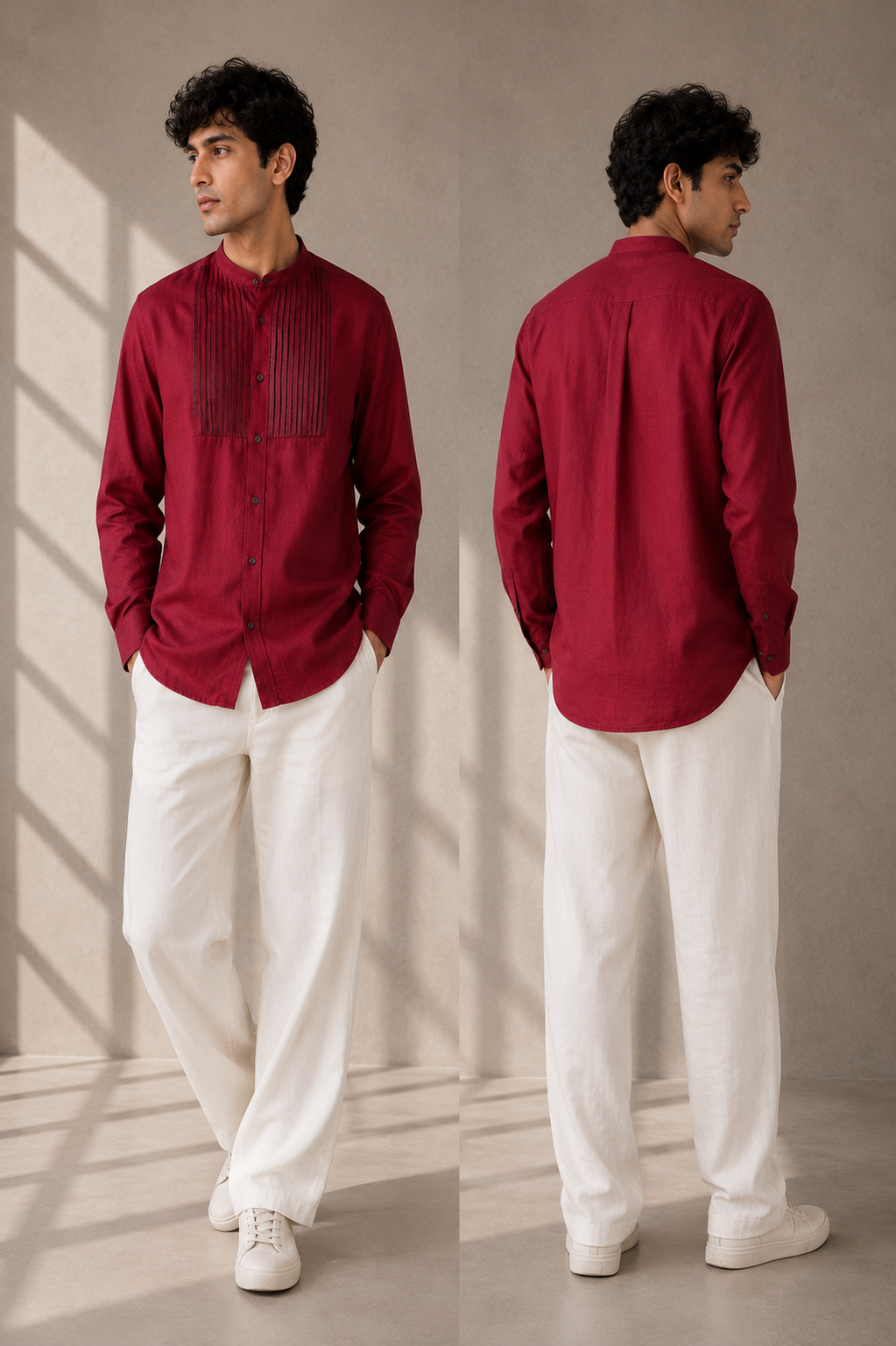 Signature Pintuck Linen Yoke Shirt (Deep Burgundy)